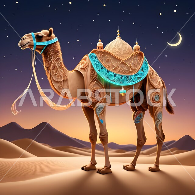 تصاميم فنية مبتكرة, حيوانات التنقل والسفر في القدم، فن طي الورق، فنون يدويه تشكيليه, تصميم ثلاثي الأبعاد بالورق الملون لناقة عربية أصيل، حيوان الإبل سفينة الصحراء يمشي على الرمال الذهبية الناعمة، مجسم أوريغامي  لجمل يسير في المناطق الصحراوية، خلفية ملونة