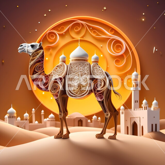 حيوانات التنقل والسفر في القدم، تصاميم فنية مبتكرة, فن طي الورق، فنون يدويه تشكيليه, تصميم ثلاثي الأبعاد بالورق الملون لناقة عربية أصيل، مجسم أوريغامي  لجمل يسير في المناطق الصحراوية، حيوان الإبل سفينة الصحراء يمشي على الرمال الذهبية الناعمة، خلفية ملونة