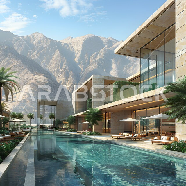 Modern architectural style, distinctive villas and hotels, urban growth and progress in Saudi Arabia, residential buildings and houses in mountainous areas, modern designs with glass facades overlooking the swimming pool
