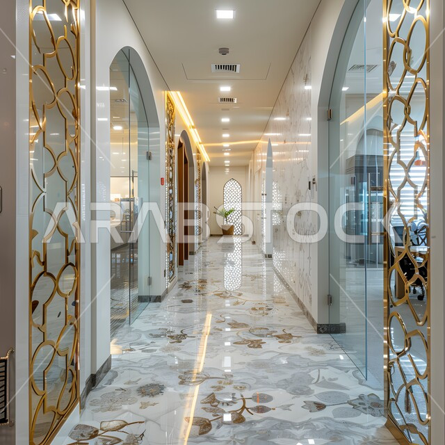 Long corridor for office company with high-end decor, high-end decor and modern interior design, modern contemporary designs for Saudi companies, large glass facades and doors, architectural engineering art for business offices