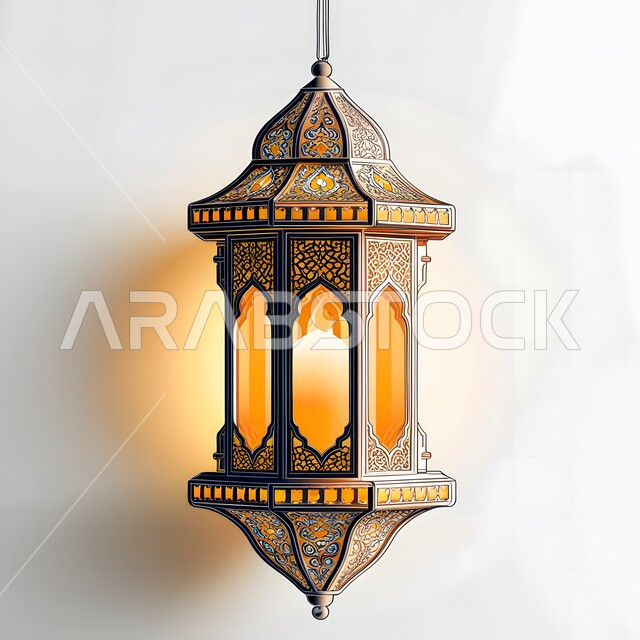 ديكورات وأنوار في الأجواء الرمضانية الروحانية، فانوس عربي تقليدي مزخرف، الاحتفال بالاعياد والمناسبات الدينية، زينة واكسسوارات وأضواء رمضان المبارك، مصباح معدني معلق مضيء استعداداَ لقدوم شهر الخيروالبركة، خلفية بيضاء