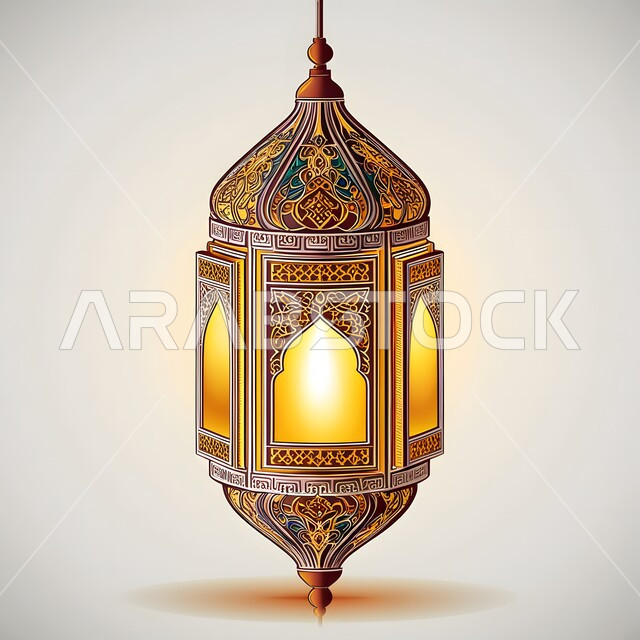  زينة واكسسوارات وأضواء رمضان المبارك، مصباح معدني معلق مضيء استعداداَ لقدوم شهر الخيروالبركة، فانوس عربي تقليدي مزخرف،الاحتفال بالاعياد والمناسبات الدينية، ديكورات وأنوار في الأجواء الرمضانية الروحانية، خلفية بيضاء