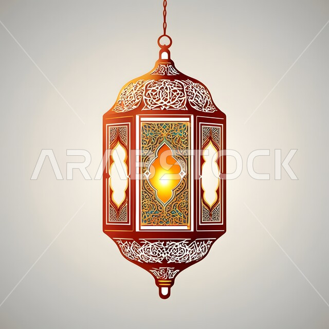  الاحتفال بالاعياد والمناسبات الدينية، زينة واكسسوارات وأضواء رمضان المبارك، مصباح معدني معلق مضيء استعداداَ لقدوم شهر الخيروالبركة، ديكورات وأنوار في الأجواء الرمضانية الروحانية، فانوس عربي تقليدي مزخرف، خلفية بيضاء