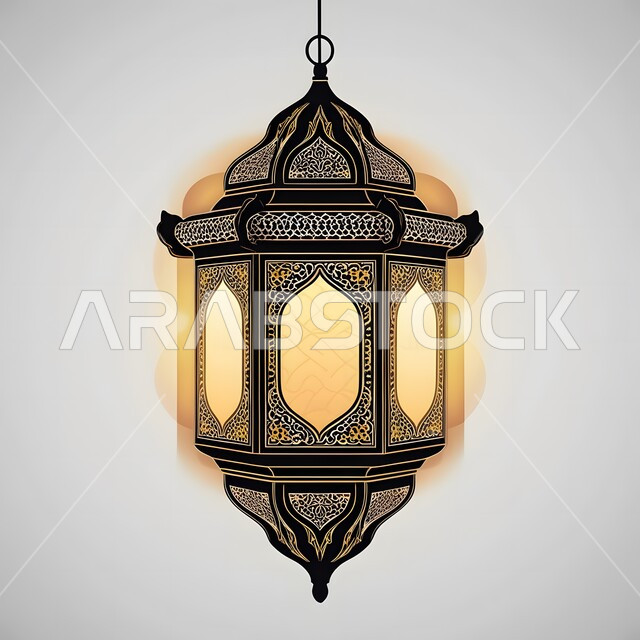فانوس عربي تقليدي مزخرف، زينة واكسسوارات وأضواء رمضان المبارك، مصباح معدني معلق مضيء استعداداَ لقدوم شهر الخيروالبركة، الاحتفال بالاعياد والمناسبات الدينية، ديكورات وأنوار في الأجواء الرمضانية الروحانية، خلفية بيضاء