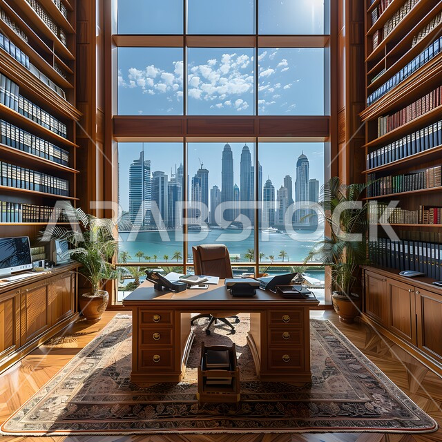 Reading and sitting room, office desk with large glass front, advanced architectural engineering art, modern contemporary design for Saudi corporate offices, upscale interior designs and decorations with luxurious and comfortable furniture for office rooms