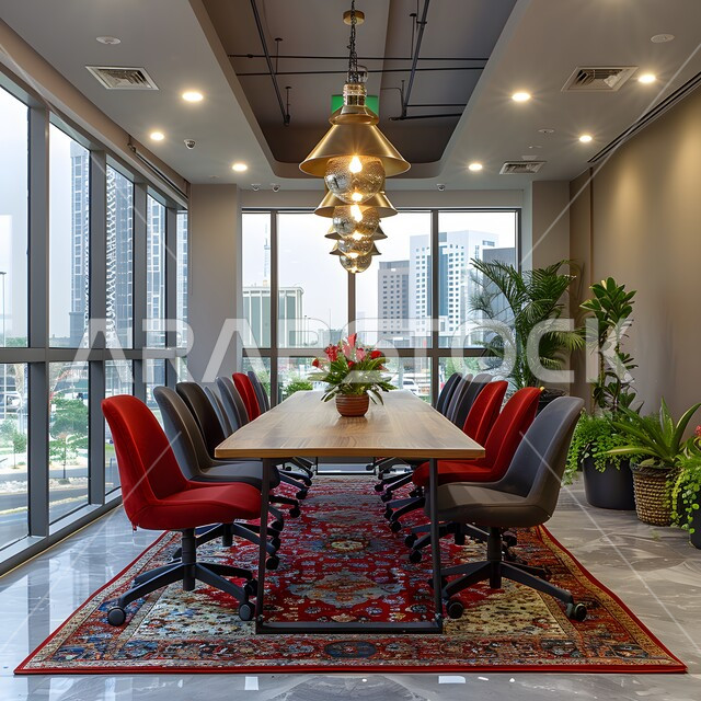 Office rooms with luxurious interior designs and decorations, modern contemporary design for offices in Saudi companies, spacious meeting room with a table surrounded by chairs, windows and glass facades
