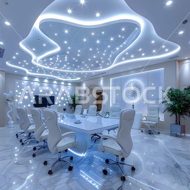 غرف مكتبية بتصاميم وديكورات داخلية فخمة، التصميم العصري الحديث للمكاتب في الشركات السعودية، غرفة اجتماعات واسعة مع طاولة محاطة بكراسي، النوافذ والواجهات الزجاجية