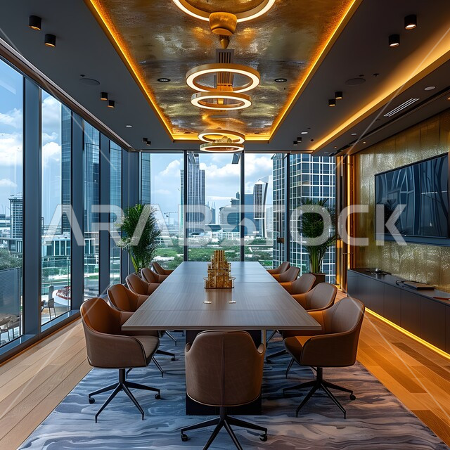  النوافذ والواجهات الزجاجية، غرف مكتبية بتصاميم وديكورات داخلية فخمة، التصميم العصري الحديث للمكاتب في الشركات السعودية، غرفة اجتماعات واسعة مع طاولة محاطة بكراسي