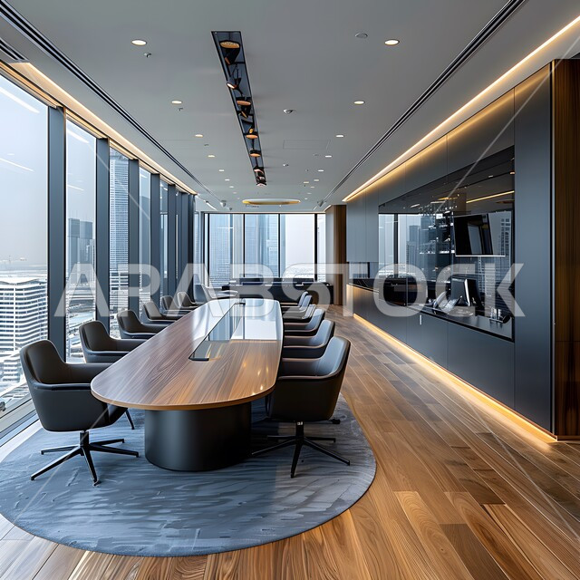  النوافذ والواجهات الزجاجية، غرف مكتبية بتصاميم وديكورات داخلية فخمة، التصميم العصري الحديث للمكاتب في الشركات السعودية، غرفة اجتماعات واسعة مع طاولة محاطة بكراسي