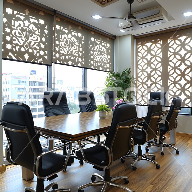  النوافذ والواجهات الزجاجية، غرف مكتبية بتصاميم وديكورات داخلية فخمة، التصميم العصري الحديث للمكاتب في الشركات السعودية، غرفة اجتماعات واسعة مع طاولة محاطة بكراسي