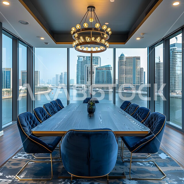 Windows and glass facades, office rooms with luxurious interior designs and decorations, modern contemporary design for offices in Saudi companies, spacious meeting room with table surrounded by chairs