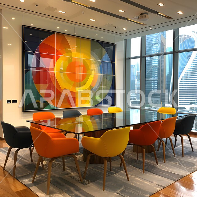 غرفة اجتماعات واسعة مع طاولة محاطة بكراسي، النوافذ والواجهات الزجاجية، غرف مكتبية بتصاميم وديكورات داخلية فخمة، التصميم العصري الحديث للمكاتب في الشركات السعودية