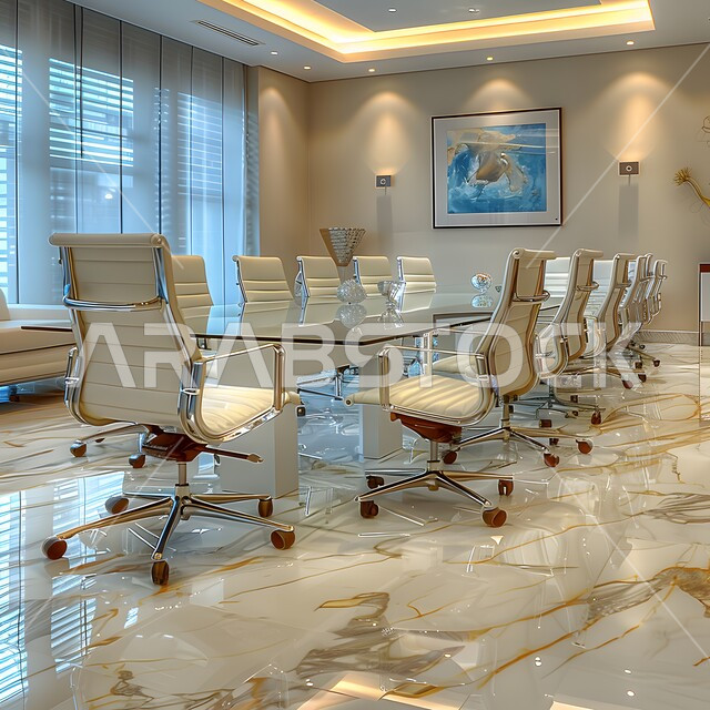 غرفة اجتماعات واسعة مع طاولة محاطة بكراسي، النوافذ والواجهات الزجاجية، غرف مكتبية بتصاميم وديكورات داخلية فخمة، التصميم العصري الحديث للمكاتب في الشركات السعودية