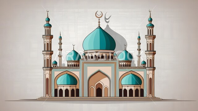 Calling Muslims to perform prayer, modern exterior designs and decorations, the concept of worship and getting closer to God Almighty, the architectural art of minarets and domes in the Arab-Islamic style, famous religious landmarks, a three-dimensional model of an ancient mosque, gray background