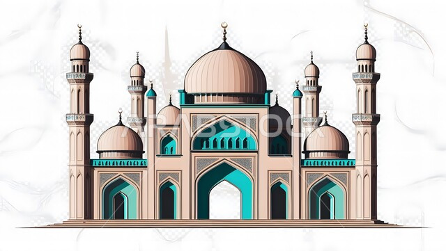 مفهوم العبادة والتقرب الى الله تعالى، الفن الهندسي المعماري للمآذن والقبب على الطراز العربي الاسلامي، معالم دينية مشهورة, مجسم ثلاثي الأبعاد لمسجد عريق، دعوة المسلمين لآداء الصلاة، التصاميم والديكورات الخارجية الحديثة، خلفية بيضاء