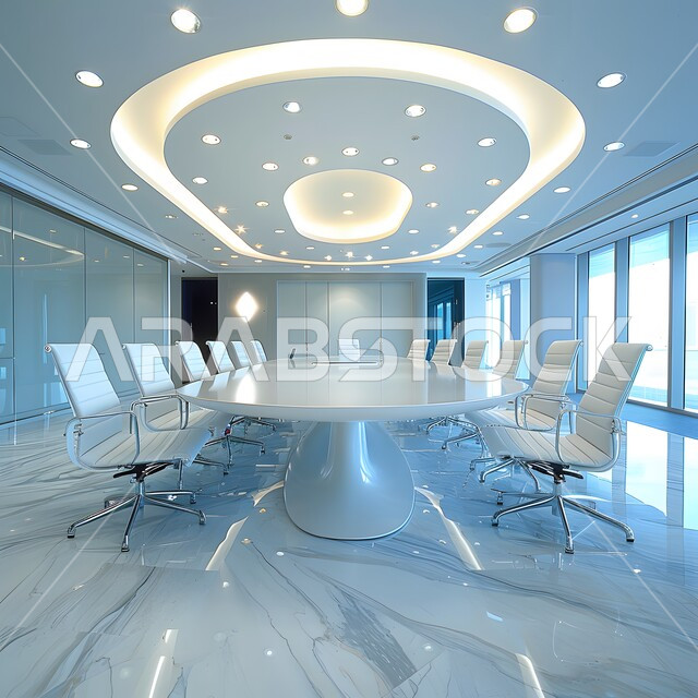  التصميم العصري الحديث للمكاتب في الشركات السعودية، غرفة اجتماعات واسعة مع طاولة محاطة بكراسي، النوافذ والواجهات الزجاجية، غرف مكتبية بتصاميم وديكورات داخلية فخمة
