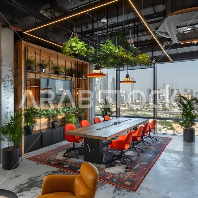  التصميم العصري الحديث للمكاتب في الشركات السعودية، غرفة اجتماعات واسعة مع طاولة محاطة بكراسي، النوافذ والواجهات الزجاجية، غرف مكتبية بتصاميم وديكورات داخلية فخمة