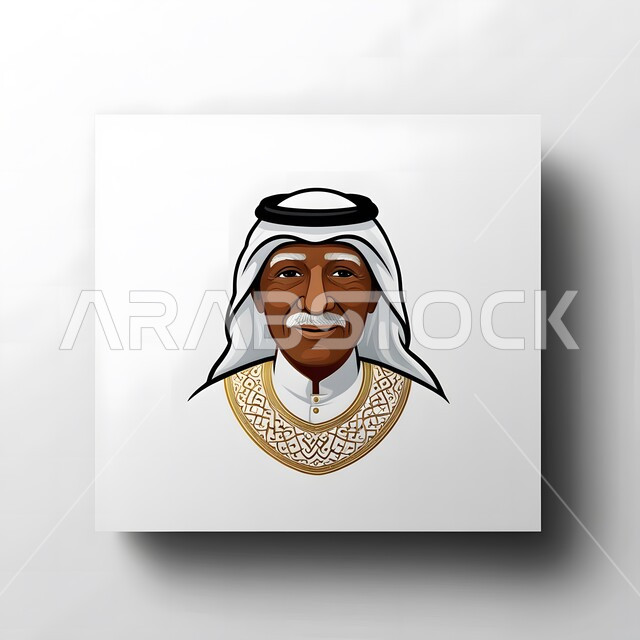 مفهوم الأناقة والرجولة، رسومات توضيحية ثلاثية الأبعاد لرجل عربي سعودي خليجي يلبس الكندوة والغترة، الاهتمام بالمظهر الخارجي، النظر الى الكاميرا بايماءات السرور، ارتداء الازياء الشعبية التقليدية، خلفية بيضاء