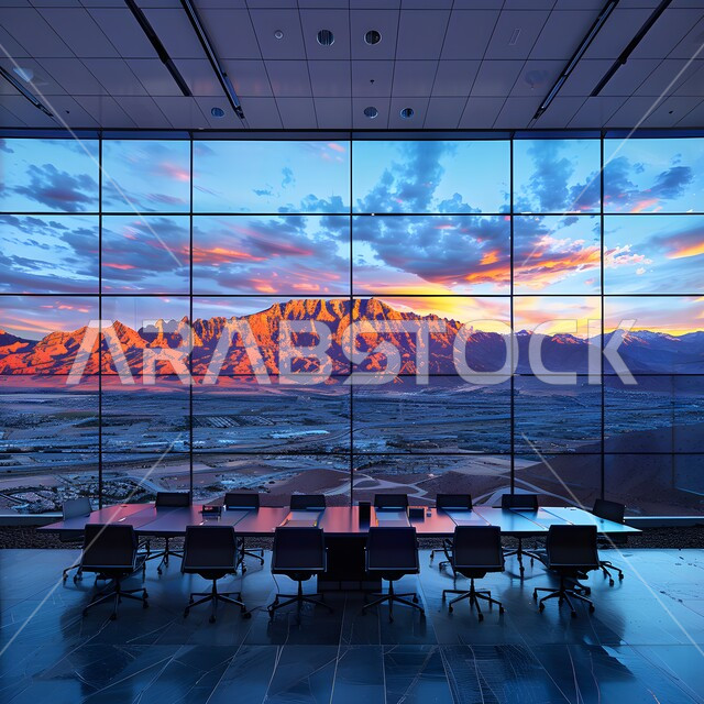 غرف مكتبية بتصاميم وديكورات داخلية فخمة، التصميم العصري الحديث للمكاتب في الشركات السعودية، النوافذ والواجهات الزجاجية، غرفة اجتماعات واسعة مع طاولة محاطة بكراسي