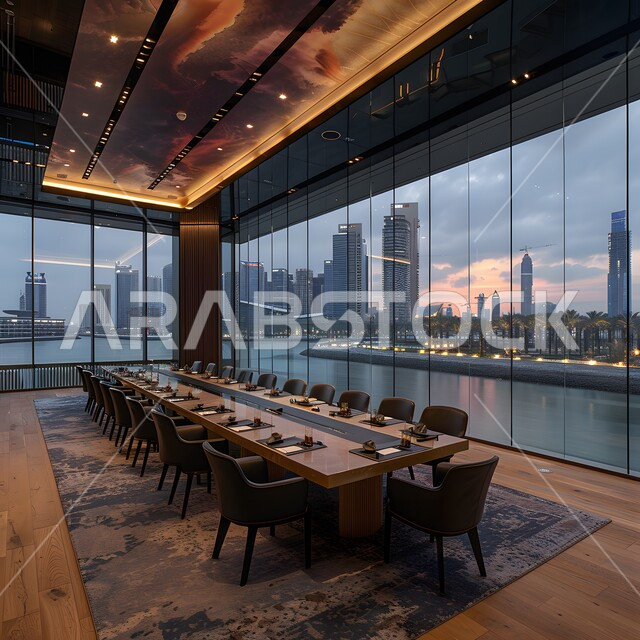 غرف مكتبية بتصاميم وديكورات داخلية فخمة، التصميم العصري الحديث للمكاتب في الشركات السعودية، النوافذ والواجهات الزجاجية، غرفة اجتماعات واسعة مع طاولة محاطة بكراسي
