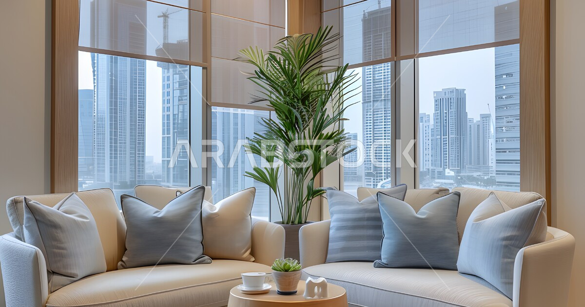 غرفة معيشة مع أثاث منزلي فاخر، الديكورات الداخلية الراقية للفلل والشقق ...