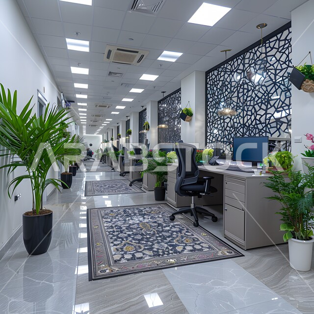 تجهيزات مكتبية حديثة وأثاث أنيق ومريح، تصاميم و ديكورات داخلية راقية على الطراز الحديث, صالة الانتظار في إحدى الشركات, تصاميم عصرية لمكاتب السعودية، واجهات زجاجية ضخمة في مكاتب العمل