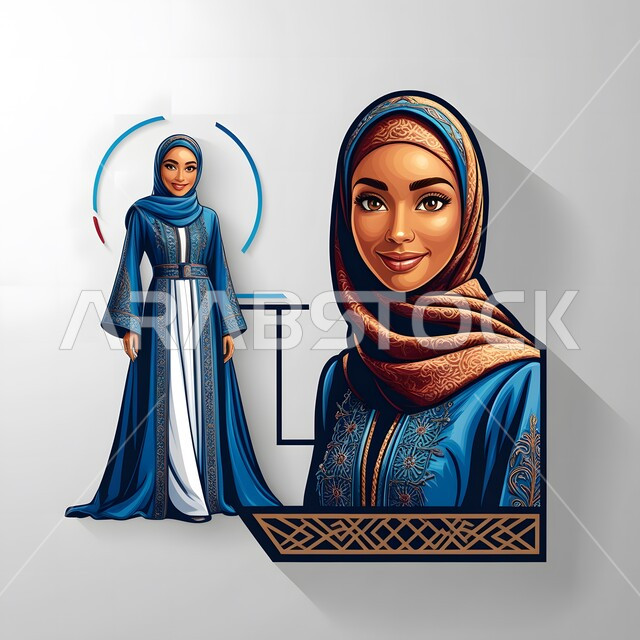 مفهوم الأنوثة والنعومة، الاناقة والاهتمام بالمظهر الخارجي، حجابات نسائية عصريه حديثه، النظر الى الكاميرا بايماءات السرور والثقة بالنفس، رسوم كرتونية ثلاثية الابعاد لامرأتان عربيتان خليجيتان سعوديتان تلبسان العباءة الزرقاء المزخرفة، خلفية بيضاء