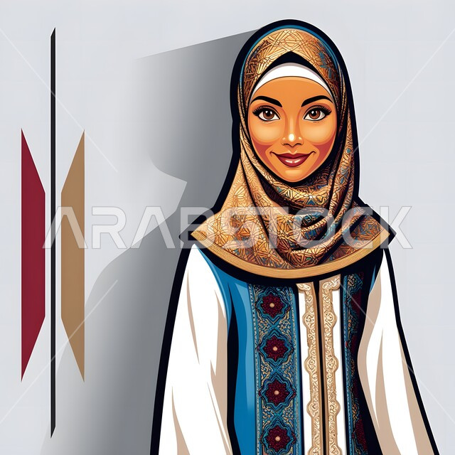 الاناقة والاهتمام بالمظهر الخارجي، مفهوم الأنوثة والنعومة، حجابات نسائية عصريه حديثه، رسوم كرتونية ثلاثية الابعاد لفتاة عربية خليجية سعودية مبتسمة ترتدي الحجاب تنظر الى الكاميرا بايماءات السرور والثقة بالنفس، خلفية بيضاء