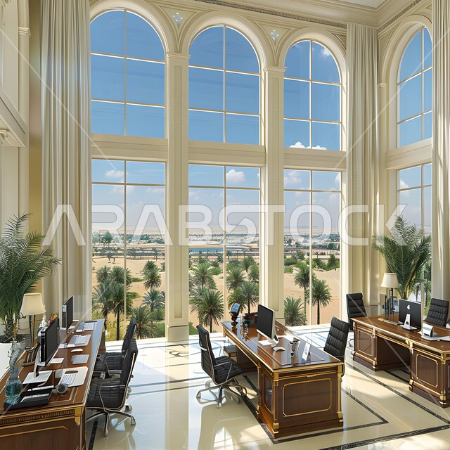 تصميم عصري لمكاتب شركات المملكة العربية السعودية, تصاميم داخلية وديكورات راقية على الطراز الحديث, تجهيزات مكتبية حديثة بأثاث أنيق ومريح، واجهات زجاجية ضخمة في مكتب العمل