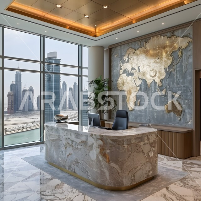 Modern office equipment with elegant and comfortable furniture, modern design for Saudi Arabia companies’ offices, upscale interior designs and decorations in a modern style, huge glass facades in the office