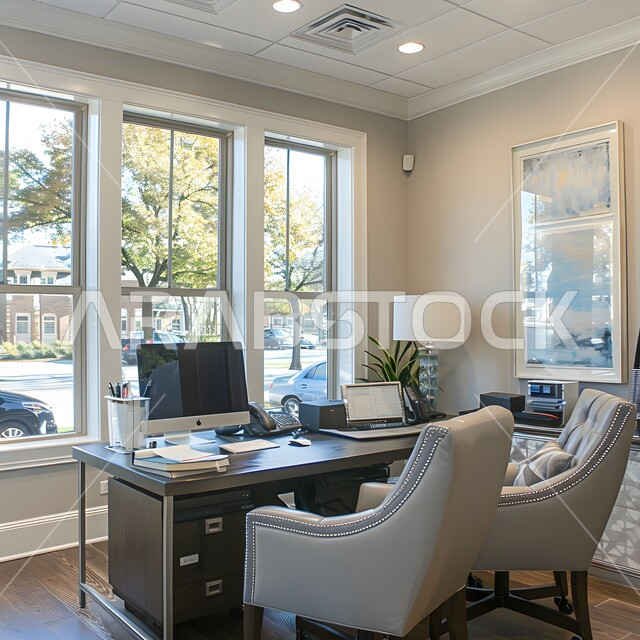 Modern office equipment with elegant and comfortable furniture, modern design for Saudi Arabia companies’ offices, upscale interior designs and decorations in a modern style, huge glass facades in the office