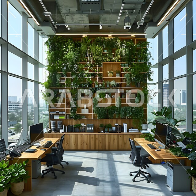 Modern office equipment with elegant and comfortable furniture, modern design for Saudi Arabia companies’ offices, upscale interior designs and decorations in a modern style, huge glass facades in the office