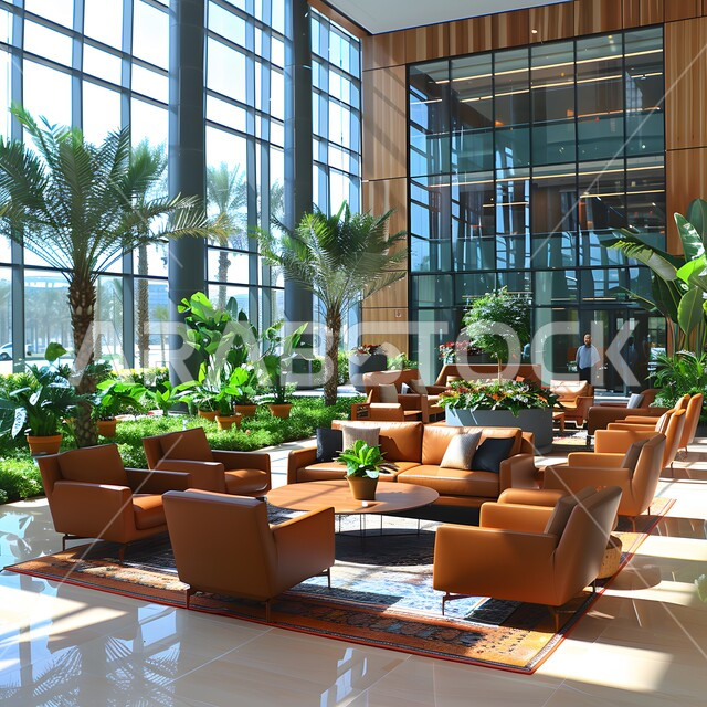 تجهيزات حديثة وأثاث أنيق ومريح، صالة الانتظار في إحدى الشركات, تصاميم عصرية لمكاتب السعودية، واجهات زجاجية ضخمة في مكاتب العمل، تصاميم داخلية وديكورات راقية على الطراز الحديث