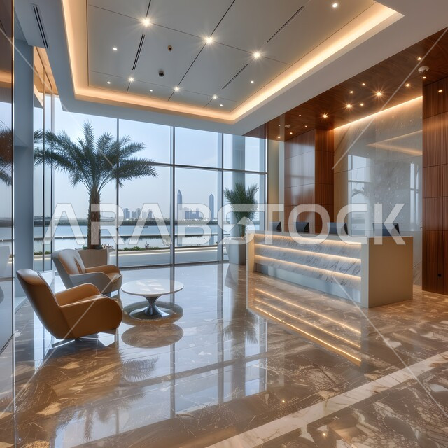 تجهيزات حديثة وأثاث أنيق ومريح، صالة الانتظار في إحدى الشركات, تصاميم عصرية لمكاتب السعودية، واجهات زجاجية ضخمة في مكاتب العمل، تصاميم داخلية وديكورات راقية على الطراز الحديث