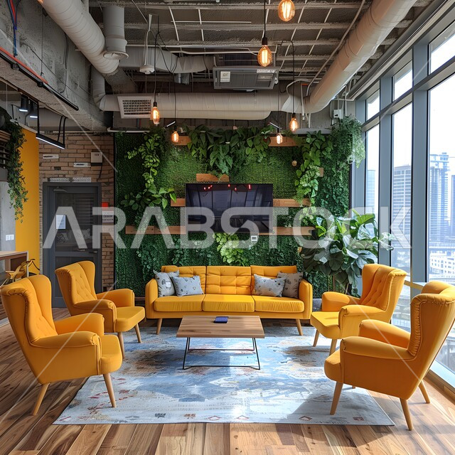 تجهيزات حديثة وأثاث أنيق ومريح، صالة الانتظار في إحدى الشركات, تصاميم عصرية لمكاتب السعودية، واجهات زجاجية ضخمة في مكاتب العمل، تصاميم داخلية وديكورات راقية على الطراز الحديث