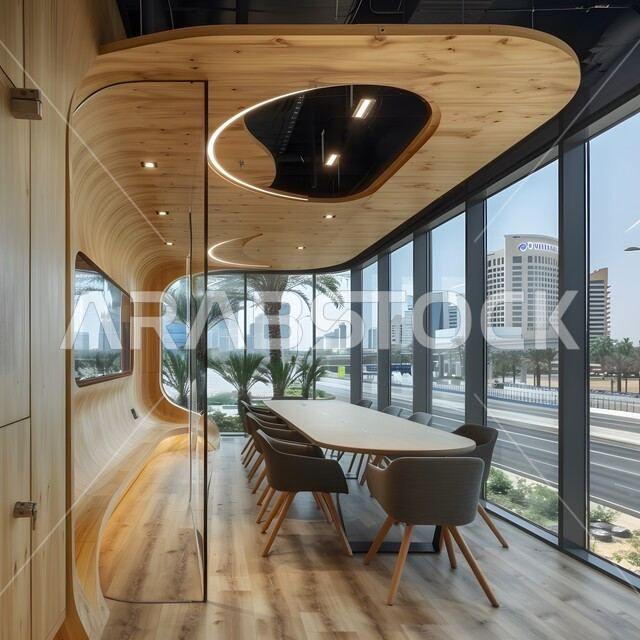  غرف مكتبية بتصاميم وديكورات داخلية فخمة، التصميم العصري الحديث للمكاتب في الشركات السعودية، النوافذ والواجهات الزجاجية، غرفة اجتماعات واسعة مع طاولة محاطة بكراسي