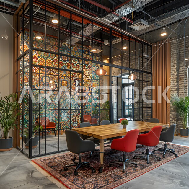  غرف مكتبية بتصاميم وديكورات داخلية فخمة، التصميم العصري الحديث للمكاتب في الشركات السعودية، النوافذ والواجهات الزجاجية، غرفة اجتماعات واسعة مع طاولة محاطة بكراسي