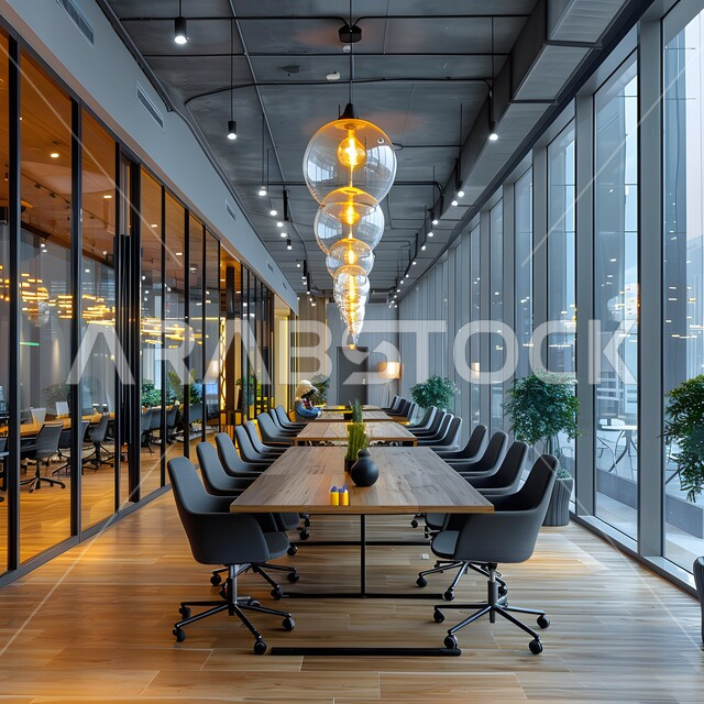  غرف مكتبية بتصاميم وديكورات داخلية فخمة، التصميم العصري الحديث للمكاتب في الشركات السعودية، النوافذ والواجهات الزجاجية، غرفة اجتماعات واسعة مع طاولة محاطة بكراسي