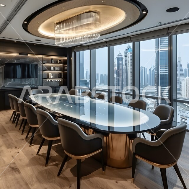  غرف مكتبية بتصاميم وديكورات داخلية فخمة، التصميم العصري الحديث للمكاتب في الشركات السعودية، النوافذ والواجهات الزجاجية، غرفة اجتماعات واسعة مع طاولة محاطة بكراسي