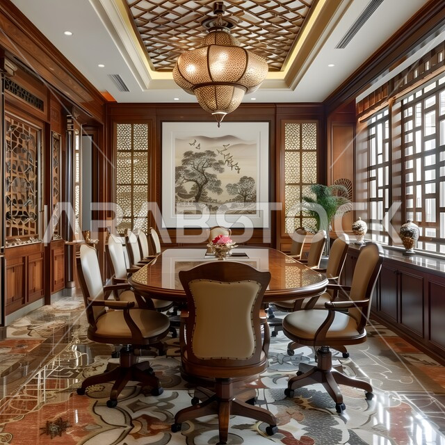  غرف مكتبية بتصاميم وديكورات داخلية فخمة، التصميم العصري الحديث للمكاتب في الشركات السعودية، النوافذ والواجهات الزجاجية، غرفة اجتماعات واسعة مع طاولة محاطة بكراسي