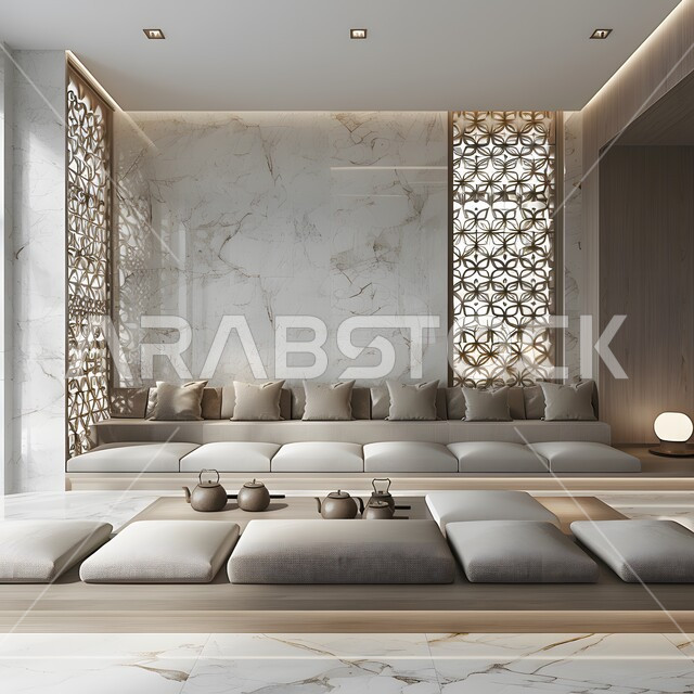 تحف واكسسوارات عصرية، الديكورات الداخلية الراقية للفلل والشقق السكنية في المملكة العربية السعودية، غرفة معيشة مع أثاث منزلي فاخر بالألوان الراقية، التصاميم الأنيقة لغرف الجلوس المريحة على الطراز الحديث