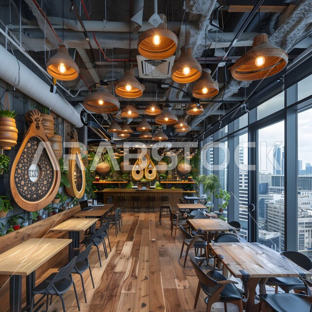 الهندسة الفنية المعمارية لبناء المقاهي في المملكة العربية السعودية, التصاميم الداخلية للكافيهات والمطاعم, أثاث داخلي بسيط والوان متناسقة مع واجهات زجاجية, استخدام الأضواء والاكسسوارات العصرية, الطاولات الخشبية المحاطة بالكراسي