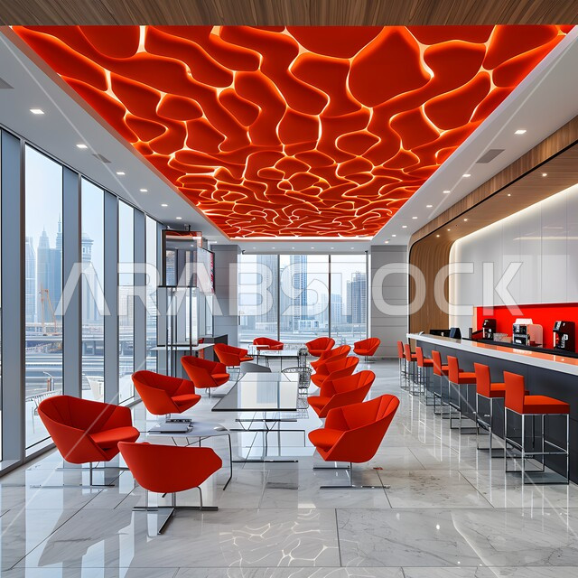 Interior designs for cafes and restaurants, architectural engineering for building cafes in the Kingdom of Saudi Arabia, simple interior furniture and harmonious colors with glass facades, use of modern lights and accessories, wooden tables surrounded by chairs