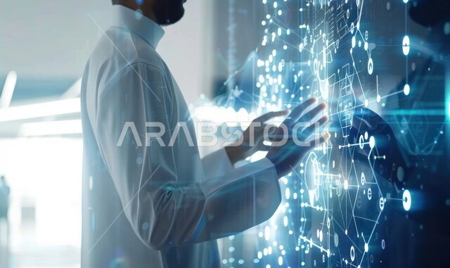 Using modern electronic technologies, improving work efficiency, close-up of a man wearing traditional dress touching icons on illuminated electronic screens, 3D holographic elements and symbols, technological growth and progress
