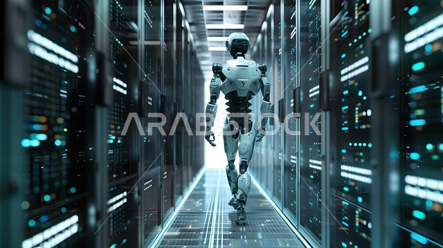 Future technology of computing and data analysis, technological development on planet earth, replacing human workforce with robots, Saudi Vision 2030, advanced smart robot walking in server room, achieving industrial revolution, innovation, science and artificial intelligence technologies