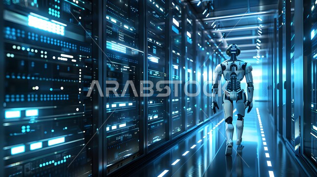 التكنولوجيا المستقبلية للحوسبة وتحليل البيانات، التطور التكنولوجي على كوكب الأرض، استبدال القوة العاملة البشرية بالروبوتات، رؤية مستقبلية سعودية 2030، رجل آلي متطور ذكي يمشي في غرفة السيرفير, تحقيق الثورة الصناعية، الابتكار والعلوم و تقنيات الذكاء الاصطناعي