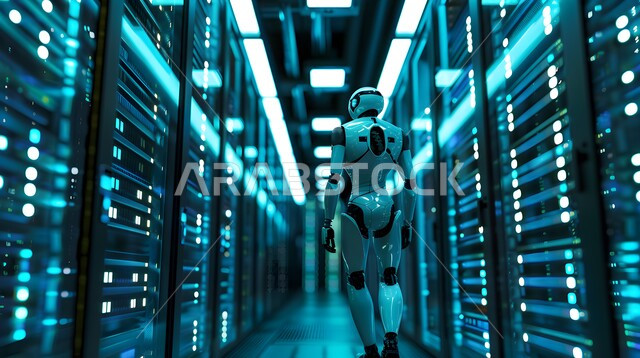 Future technology of computing and data analysis, technological development on planet earth, replacing human workforce with robots, Saudi Vision 2030, advanced smart robot walking in server room, achieving industrial revolution, innovation, science and artificial intelligence technologies