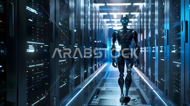 Future technology of computing and data analysis, technological development on planet earth, replacing human workforce with robots, Saudi Vision 2030, advanced smart robot walking in server room, achieving industrial revolution, innovation, science and artificial intelligence technologies