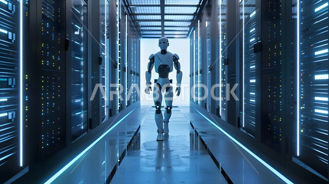 التطور التكنولوجي على كوكب الأرض، التكنولوجيا المستقبلية للحوسبة وتحليل البيانات، استبدال القوة العاملة البشرية بالروبوتات، رؤية مستقبلية سعودية 2030، رجل آلي متطور ذكي يمشي في غرفة السيرفير, تحقيق الثورة الصناعية، الابتكار والعلوم و تقنيات الذكاء الاصطناعي