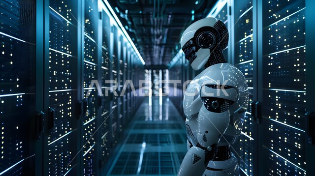 التطور التكنولوجي على كوكب الأرض، التكنولوجيا المستقبلية للحوسبة وتحليل البيانات، استبدال القوة العاملة البشرية بالروبوتات، رؤية مستقبلية سعودية 2030، رجل آلي متطور ذكي يمشي في غرفة السيرفير, تحقيق الثورة الصناعية، الابتكار والعلوم و تقنيات الذكاء الاصطناعي